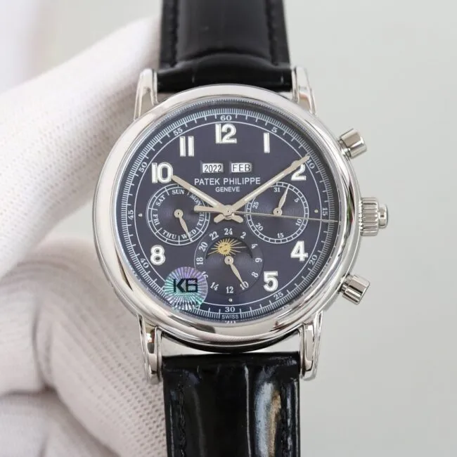 top-tier watch Patek Philippe super complex function chronograph series white steel white background men's mechanical watch movement picture