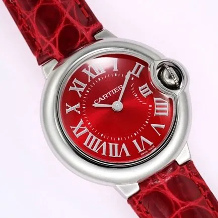 top-tier replicaCartier women's red plate red band blue balloon leather strap watch side view