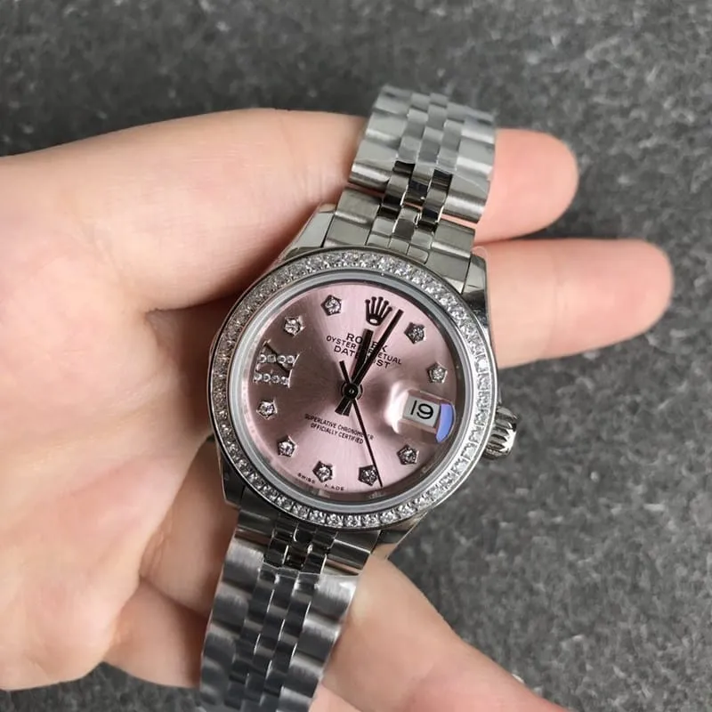 Rolex Lady-Datejust 28mm diamond bezel mechanical watch pink dial front view