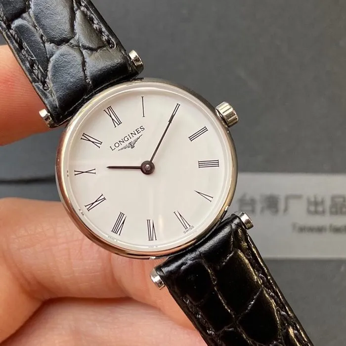 top-tier watch Longines couple watch white dial black belt ultra-thin Jialan series leather strap watch side view