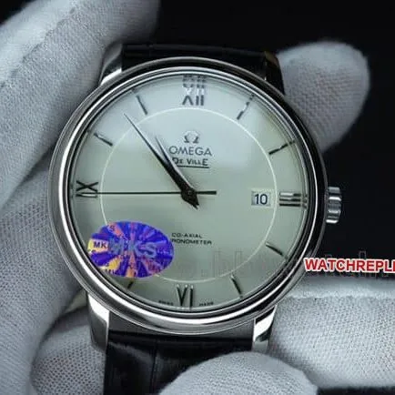 MKS Factorytop-tier replicaOmega De Ville series classic business casual men's white dialblack dial fully automatic movementleather strap watch front view
