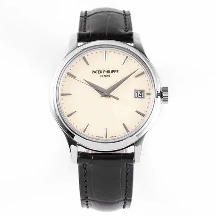 ZF Factorytop-tier watch Patek Philippe men's white dial black belt mechanical classical series leather strap watch front view