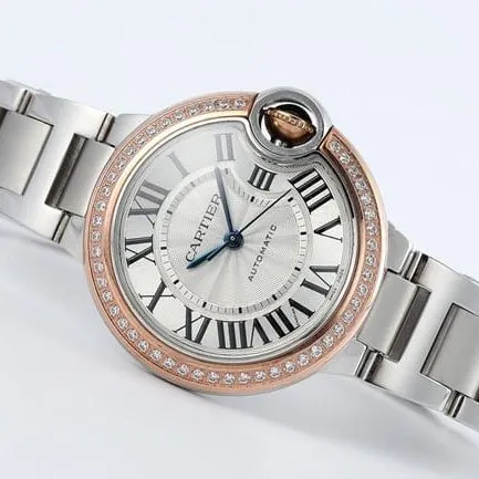 V6 factory Cartiertop-tier watch ladies blue balloon series white dialsteel bracelet mechanical watch front view