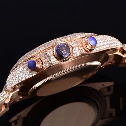 Top Rolex Daytona full diamond 40mm series men's gold dial gold strap mechanical watch side view