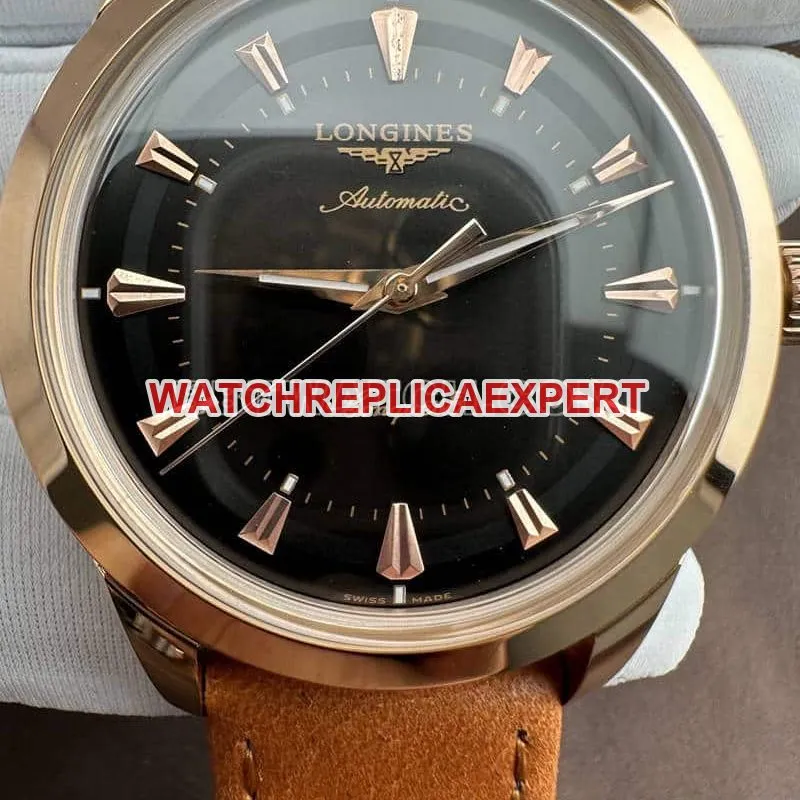 AF FactoryLongines Concast stop-tier 1:1super cloneblack dialrose goldleather strap front live photo