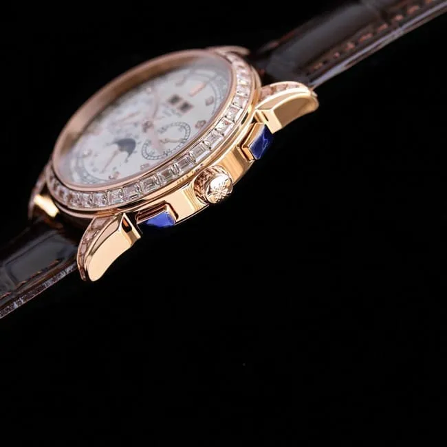 PFF factory Patek Philippetop-tier watch super complex function chronograph series men's white dial brown belt watch detail shots