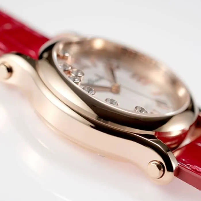 Top-tier watch Chopard women's white dial red band happy diamond series leather strap watch movement picture
