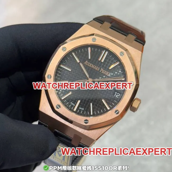 top-tier watchPPM factory Royal OakAudemars Piguetblack dialrose gold leather braceletcaseback live photo