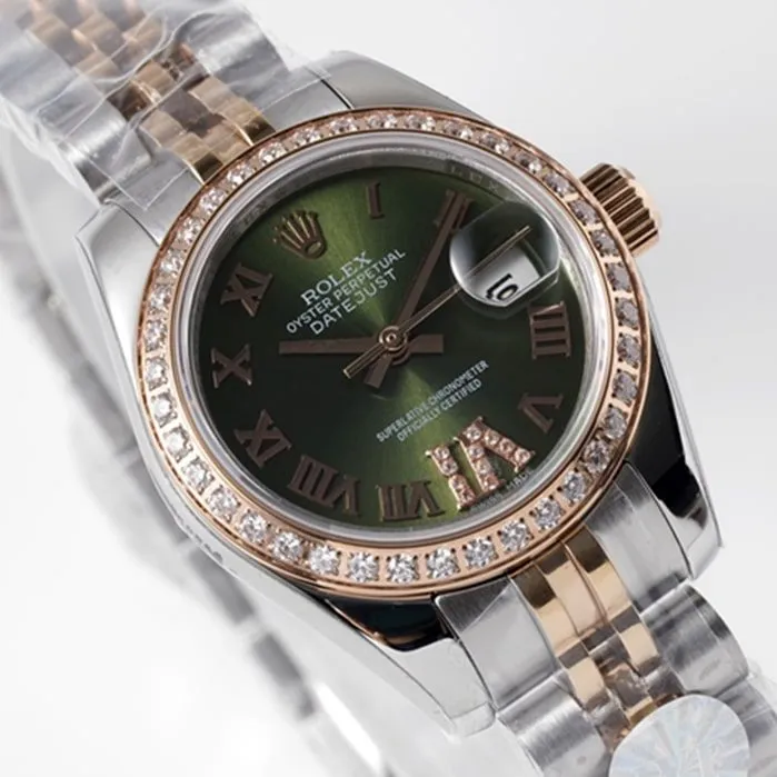 top-tier watch Rolex women's green dialDatejuststeel bracelet watch clasp picture