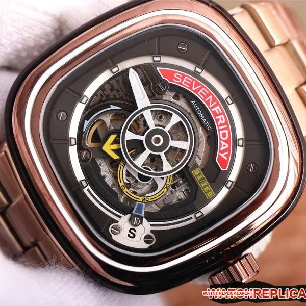 Seven day display five watch rose goldblack dial SEVENFRIDAY/automatic movementmen's watch Swiss steel bracelet large dial hollow front view