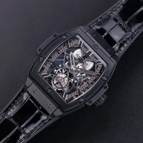 Hublot top-tier watch men's black dial black belt mechanical MASTERPIECE series genuine tourbillonleather strap watch front view