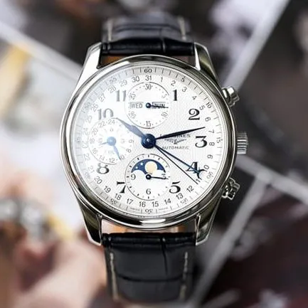 KL factory top-tier watch Longines men's white dial black belt famous craftsman moon phase series automatic movementleather strap watch movement picture