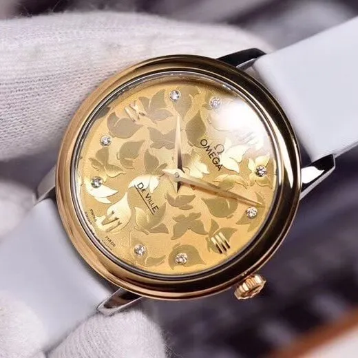 super cloneOmega women's watch De Ville series yellow gold butterfly dance 32.7mm front view