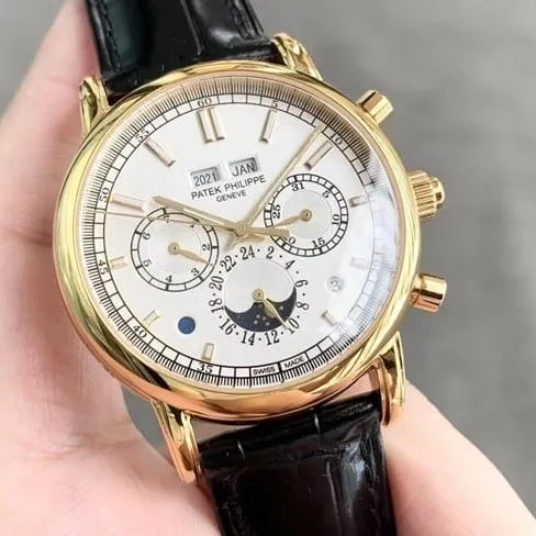 collectible Patek Philippe imitation men's white dial black strap grand complications chronograph series fully automatic mechanical watch side view