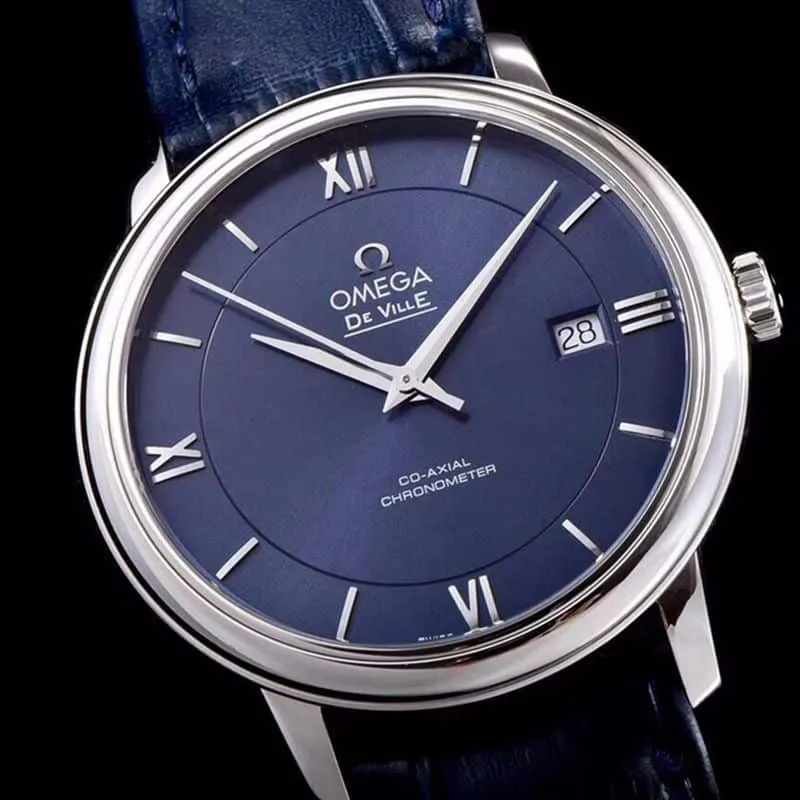 Omegasuper watch disc flying business series men's mechanical ultra-thin watch blue leather blue face back cover picture