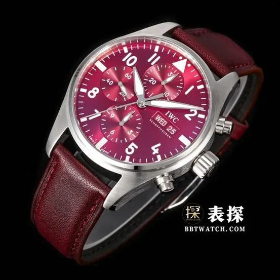 Pilot IWC Watch Burgundy Red Dial Leather Strap Model IW388107 Strap Real Shot