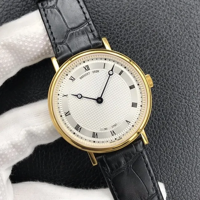 top-tier watch Breguet men's white dial black belt automatic movementleather strap classic series watch clasp picture