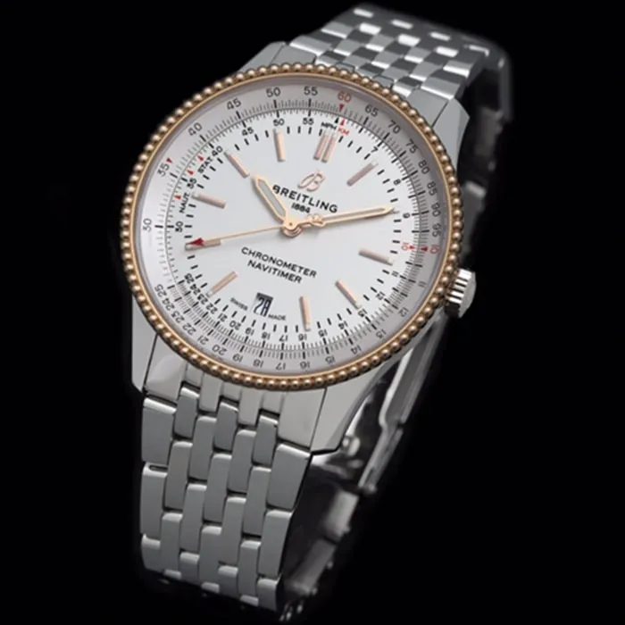 top-tier watch Breitling men's white dial aviation chronograph1 series steel bracelet watch side view