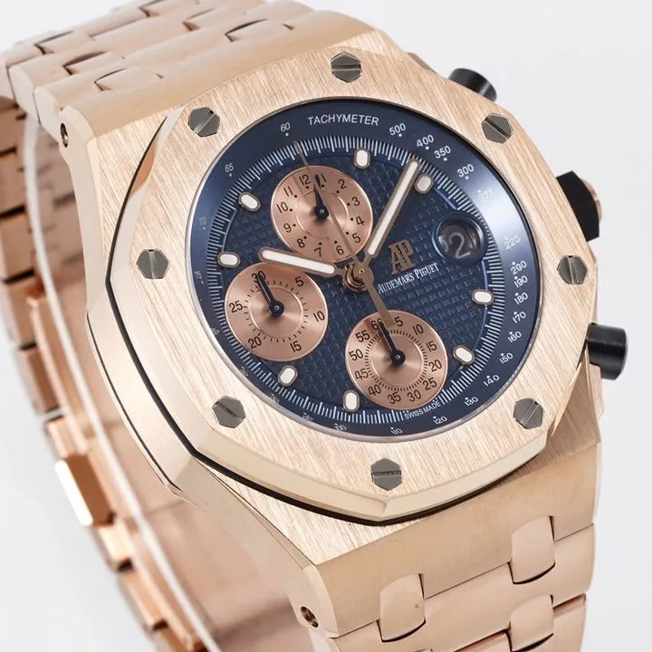 APF factory Audemars Piguet men's Royal Oak offshore watch dark blue dialrose goldsteel bracelet model 26238OR.OO.2000OR.01braceletlive photos