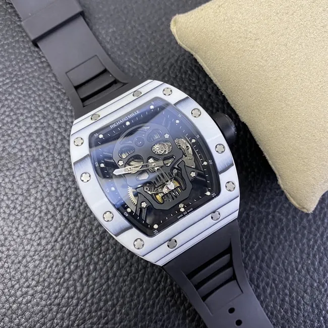 JB factory top-tier watch Richard Mille skull real tourbillon automatic movement men's black dialrubber strap watch movement picture