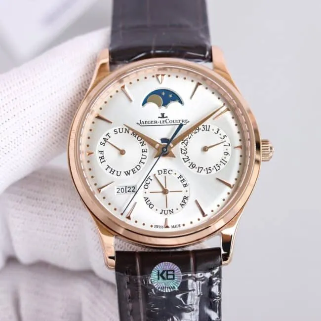 TW factory top-tier watch Jaeger-LeCoultre master moon phaserose goldwhite dial perpetual calendar automatic movement men's watch front view