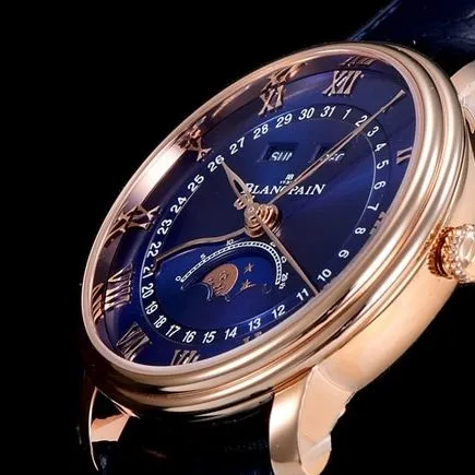 OM FactoryBlancpaintop-tier watch men's blue dial blue belt villeret classic 6654 new V3 upgraded leather strap watch movement picture