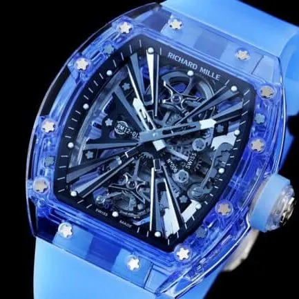 The extraordinary sports quality reproduced by the high-quality Richard Mille blue dial from the famous manufacturer RM12-01 tourbillons apphire crystal transparent version side view