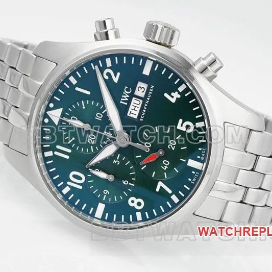 IWC collectible watch APS factory pilot green dialchronograph69385movementsteel bracelet front live photo