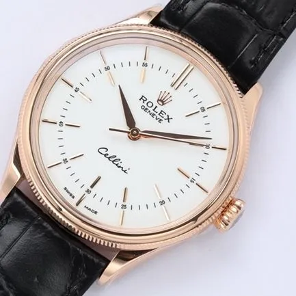 top-tiersuper watch Rolex men's white dial black belt automatic movementleather strap Cellini series watch back cover picture