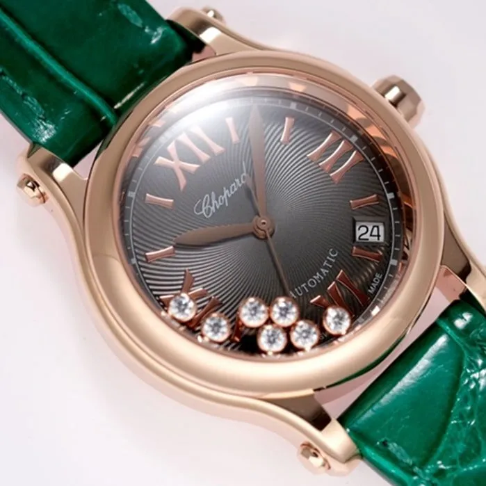 collectible Chopard women's watch, black dial, green strap, HAPPY DIAMONDS series, mechanical leather strap watch buckle picture