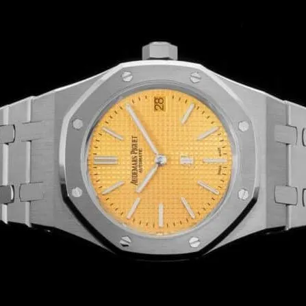 top-tier watch Audemars PiguetRoyal Oak15202 two-hand mechanical movement white steel yellow bottom men's watch front view side view