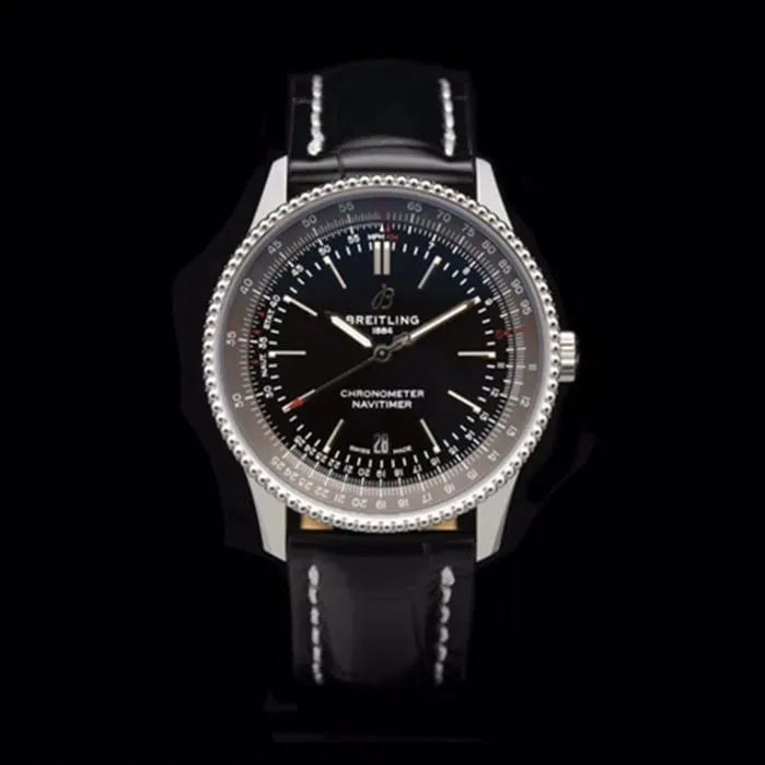 top-tier watch Breitling men's black dial aviation chronograph1 series leather strap watch back cover picture