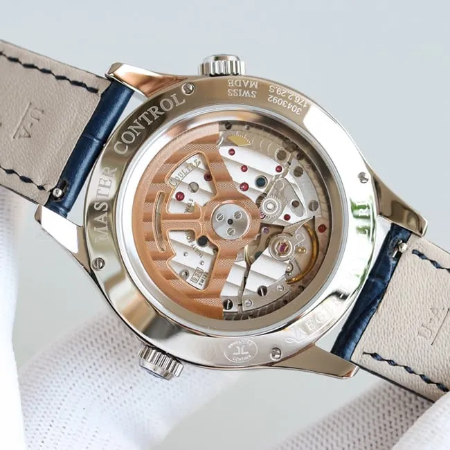 TW factory top-tier replicaJaeger-LeCoultre geographer master series silver steel case black leather strap watch front view