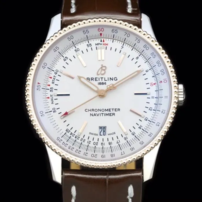 top-tier watch Breitling men's white dial aviation chronograph1 series leather strap watch detail shots