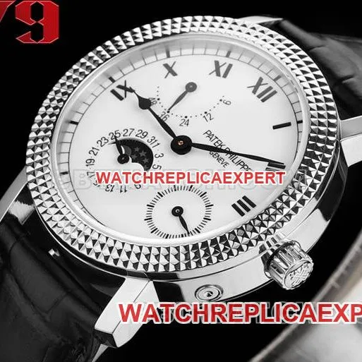 Top watch complex function timepiece V9 factory Patek Philippe white dial leather strap side real shot photos