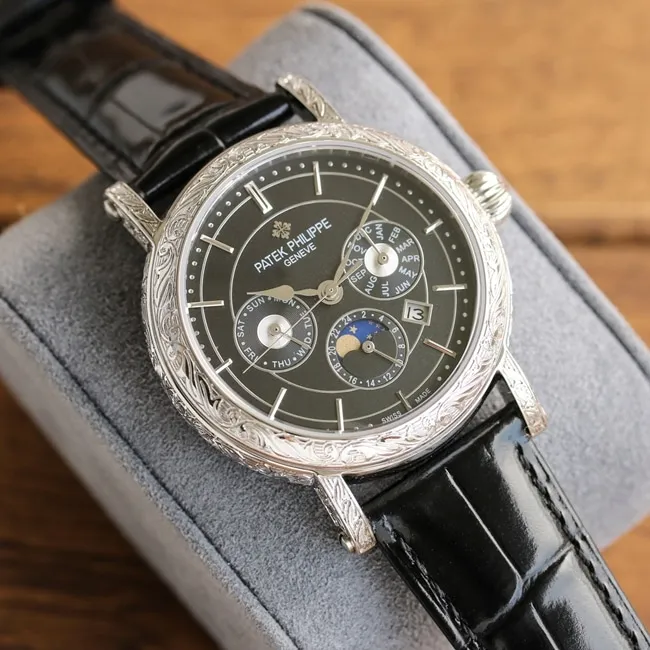 Patek Philippetop-tier watch men's white dial black belt pure hand-engraved mechanical leather strap 42mm watch clasp picture