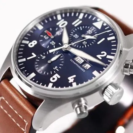 ZF FactoryIWC top-tier watch pilot chronograph series men's blue dial brown belt watch front view