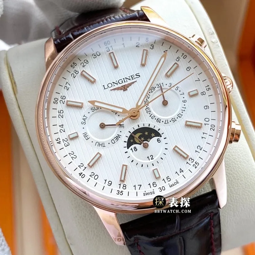 Longines retro top-tier watch men's white dial multi-function six-pin moon phaseleather strap model pictures and prices side live photo