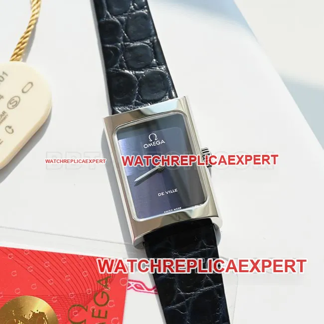 Omega De Ville watch with purple dial, quartz movement, purple leather strap, and buckle, actual product photos.