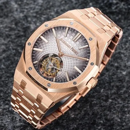 top-tiersuper cloneR8 factory recently released the new 2022 Audemars Piguetrose gold gray plate Royal Oak self-winding tourbillon watch detail shots