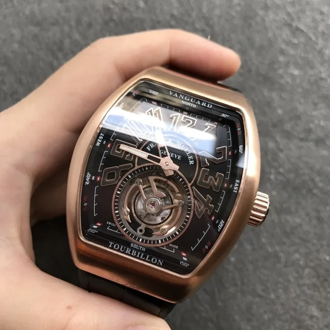 Top-tier watch Frank Muller men's black dial black belt tourbillonV45 Pioneer series mechanical leather strap watch front view