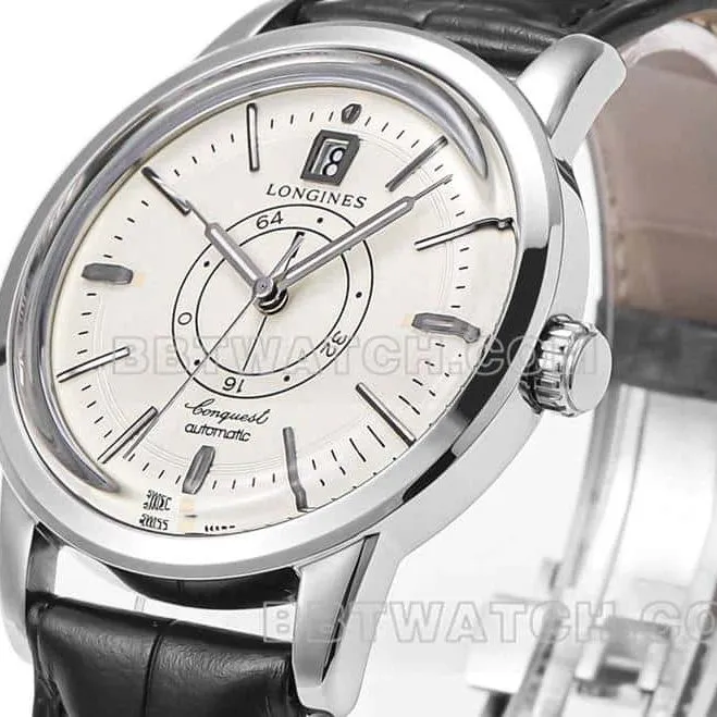AD factory Longines classic replicatop-tier replicaguilloché dial silver hour markers leather strap model side live photo