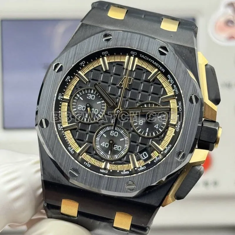 Audemars Piguettop-tier watch LS factory Royal Oak offshore type 43MMblack dial yellow chronograph mechanical rubber model 26420front live photo
