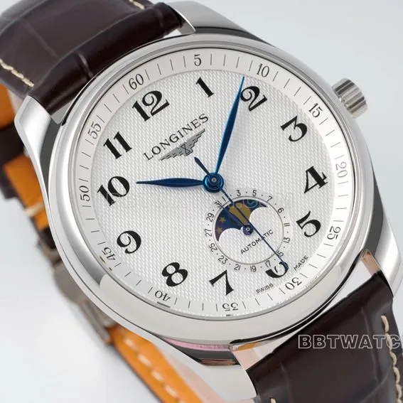 APS factory Longines watchmaking tradition 1:1super clonesilver dialmoon phaseleather strap model L2.909.4.78.3caseback live photo