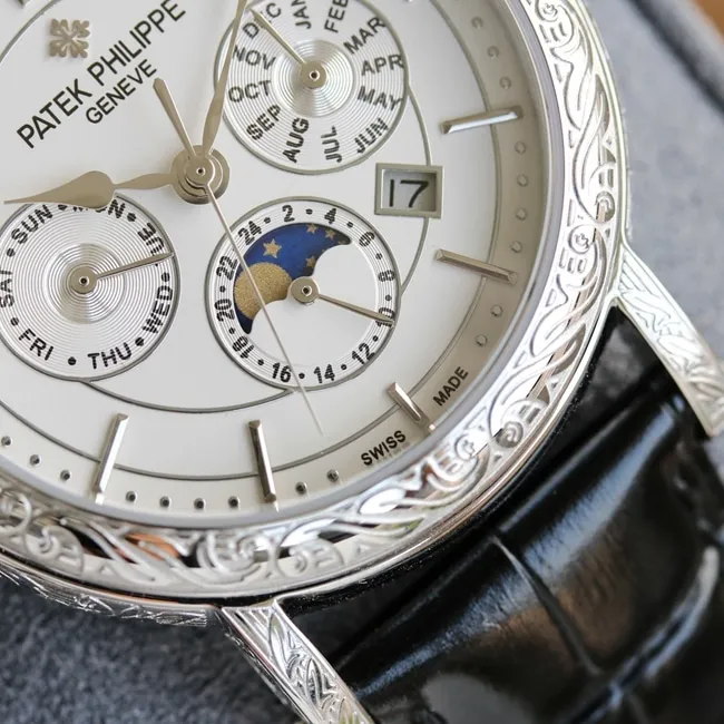 Patek Philippetop-tier watch men's white dial black belt pure hand-engraved mechanical leather strap 42mm watch movement picture