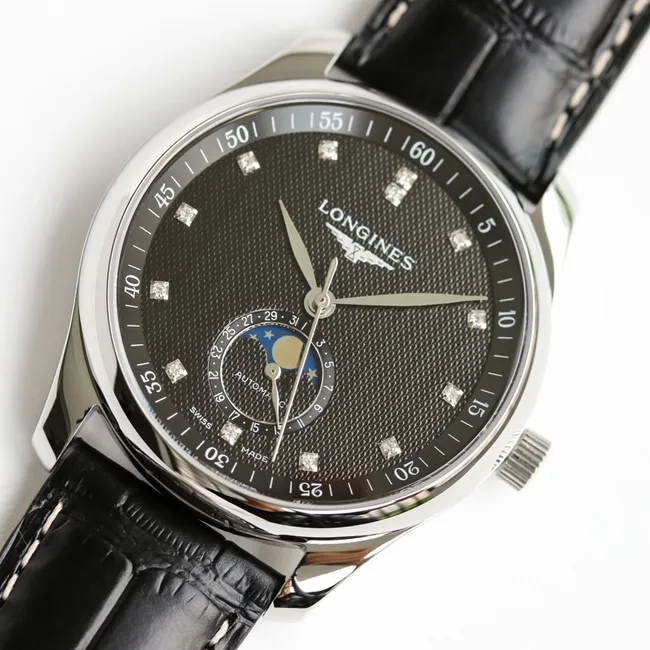 GF Factory top-tier watch Longinesmoon phase42mm men's black dial black belt automatic movementleather strap watch side view
