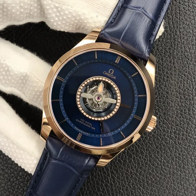top-tier Omega men's blue dial blue belt De Ville series automatic movement tourbillon watch clasp picture