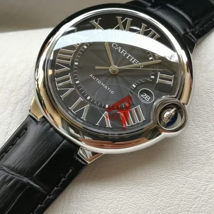 top-tier watch Cartier men's black dial blue balloon series mechanical leather strap watch clasp picture