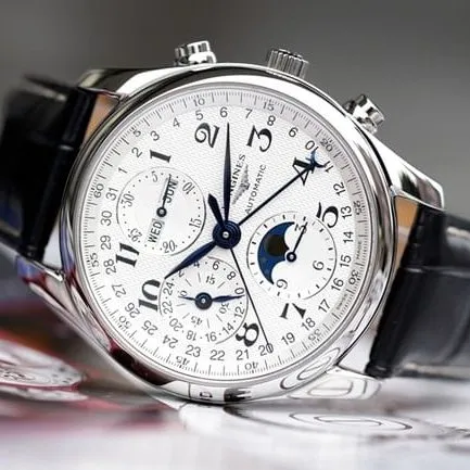 KL factory top-tier watch Longines men's white dial black belt famous craftsman moon phase series automatic movementleather strap watch side view