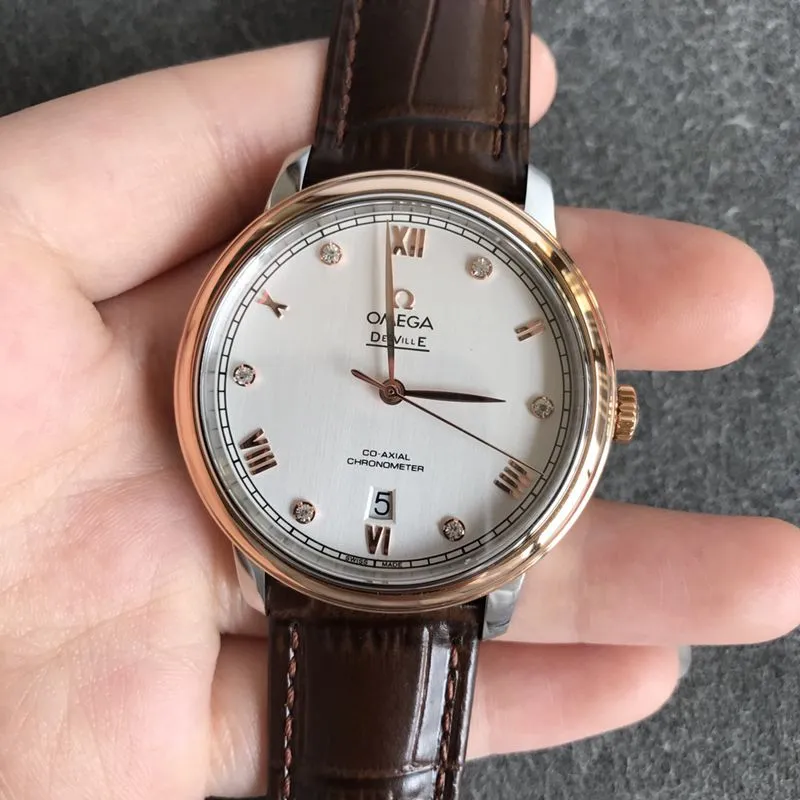 Omegatop-tierhigh-quality watch De Ville series men's white leather strap mechanical watch side view